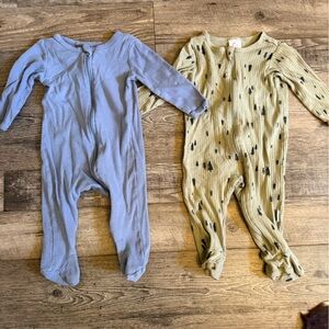 Baby Ribbed Footed One-Piece Pajamas - Light Blue & Olive Tree Print